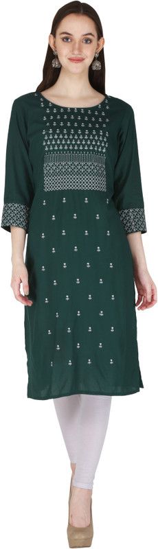 Girls Embroidered Kurta  (Green)