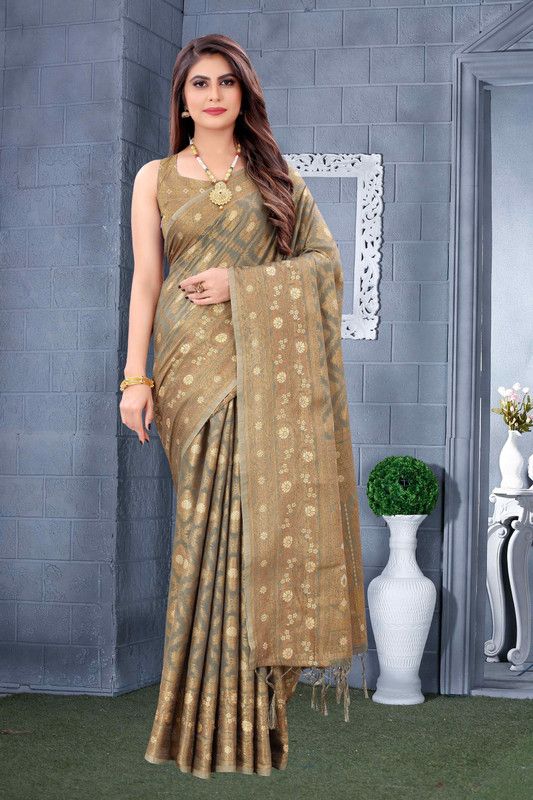 Self Design, Embellished, Woven Kanjivaram Cotton Silk Saree  (Grey)