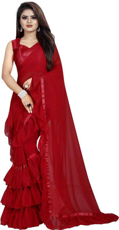 Solid/Plain Bollywood Georgette, Satin Saree  (Red)