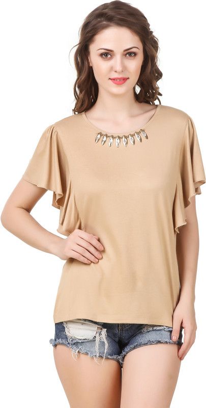 Casual Flared Sleeves Embellished Women Beige Top