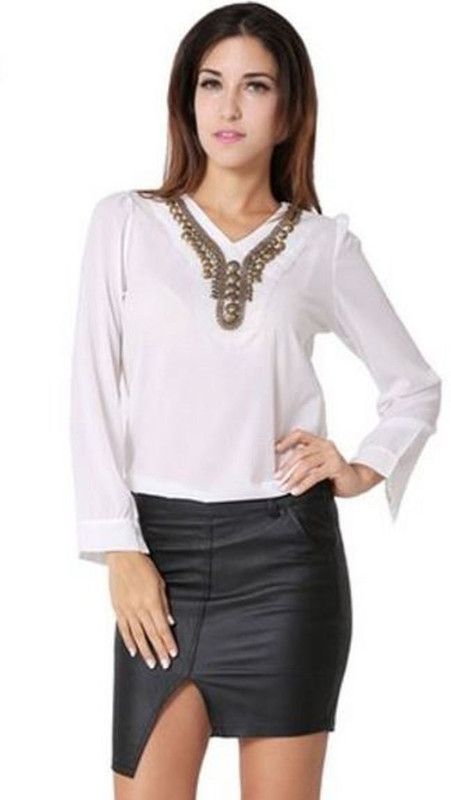 Casual Embellished Women White Top