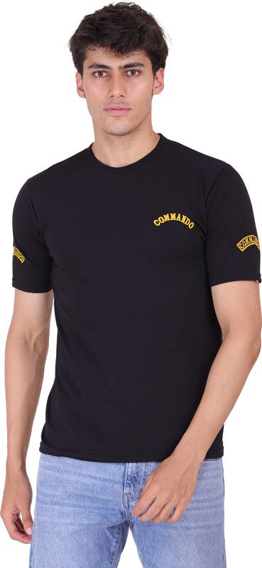 Military/Army Solid Commando T-shirt Men Solid Round Neck Cotton Blend Black T-Shirt