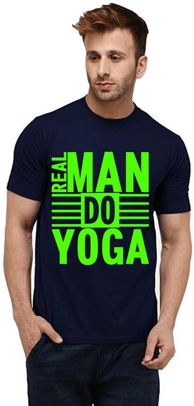 Real Man Do Yoga Men Printed Round Neck Pure Cotton Blue T-Shirt