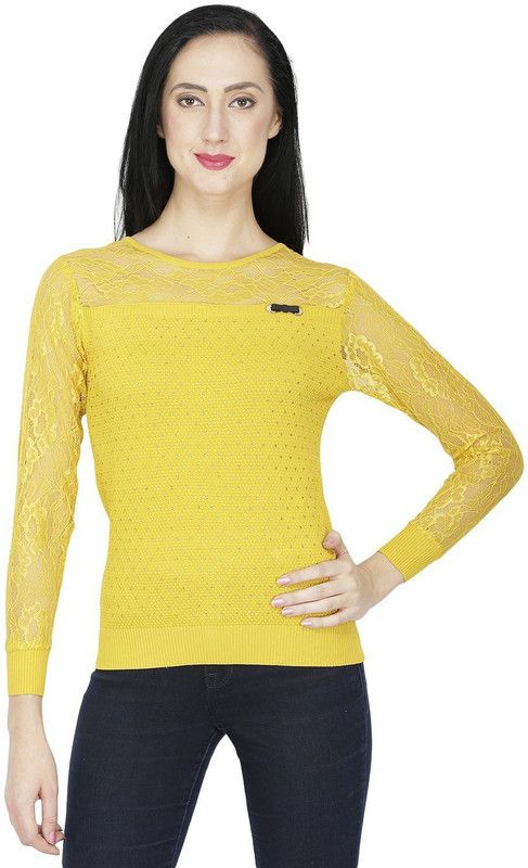 Party Cuffed Sleeves Lace Women Yellow Top