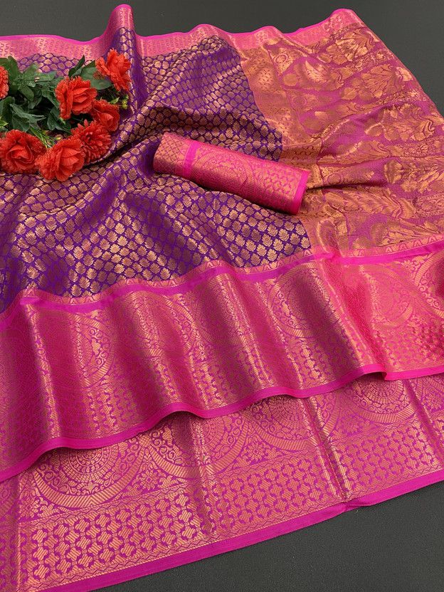Woven Dharmavaram Cotton Silk Saree  (Purple)