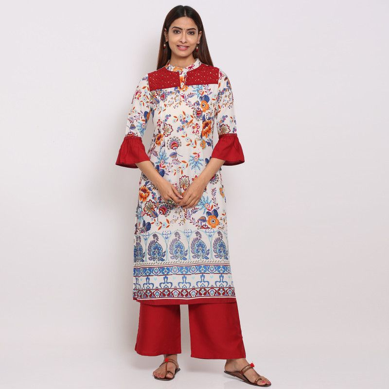 Women Printed Kurta  (White, Red)