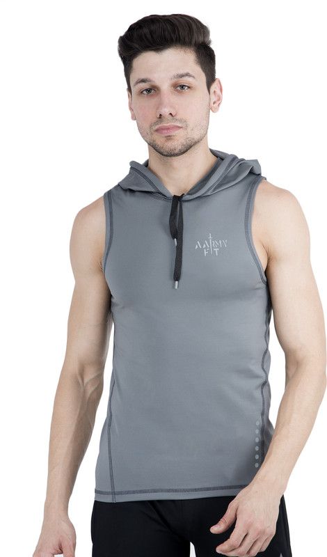 Men Solid Hooded Neck Elastane Grey T-Shirt