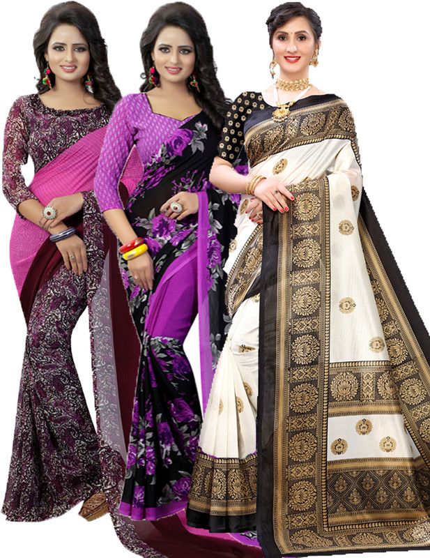 Printed Daily Wear Georgette Saree  (Pack of 3, Purple, Black)
