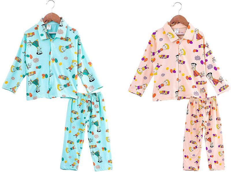Boys & Girls Graphic Print Cotton Blend Kids Nightwear  (Multicolor Pack of 2)
