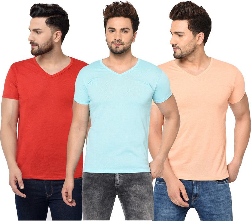 Pack of 3 Men Solid V Neck Cotton Blend Light Blue, Red, Beige T-Shirt