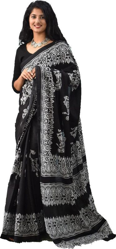 Printed, Color Block, Blocked Printed, Dyed, Floral Print Daily Wear Pure Cotton Saree  (Black)