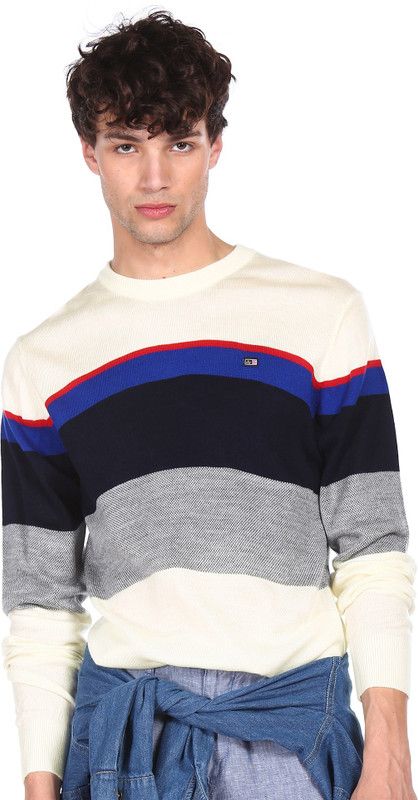 Men Colorblock Round Neck White Sweater
