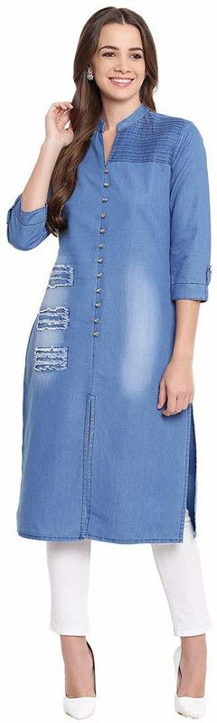 Women Washed Kurta  (Blue)