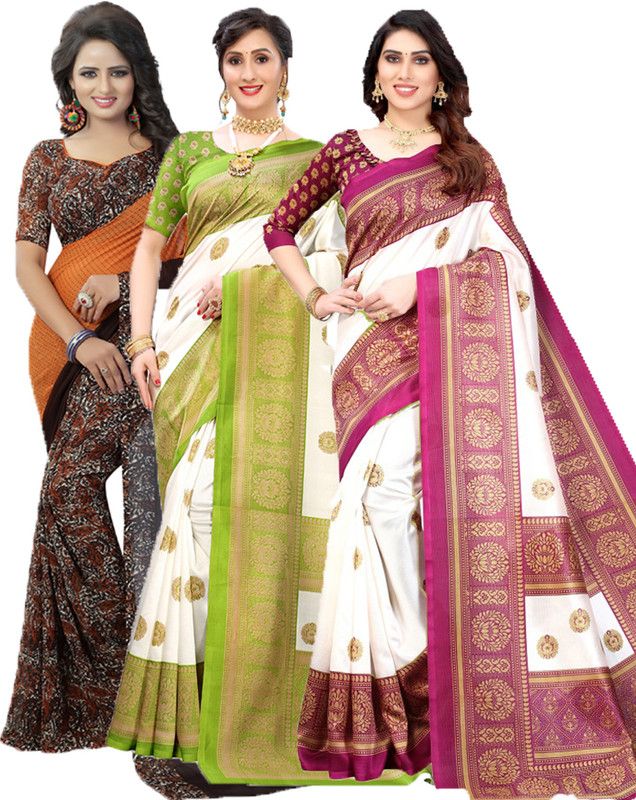 Printed Bollywood Georgette Saree  (Pack of 3, Orange, Green, Purple)