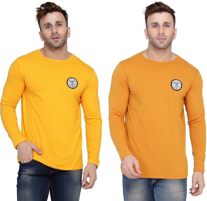 Pack of 2 Men Solid Round Neck Cotton Blend Gold, Yellow T-Shirt