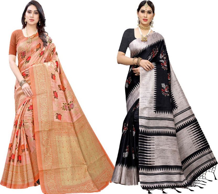 Printed Bollywood Pure Silk Saree  (Pack of 2, Black, Orange)