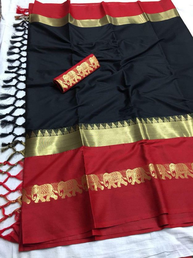 Woven, Animal Print Banarasi Cotton Silk Saree  (Red, Black)