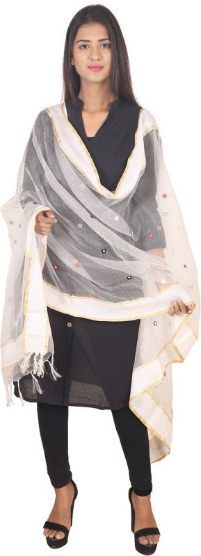 Cotton Blend Embellished White Women Dupatta