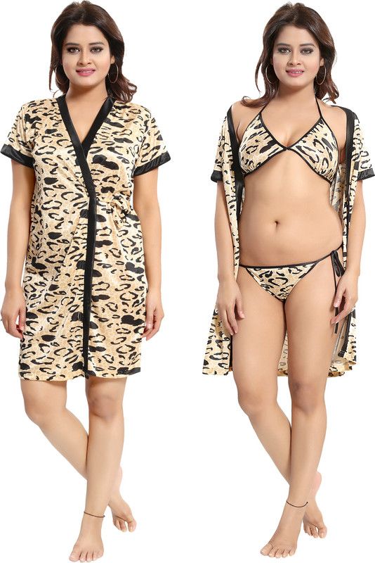 Pack of 3 Women Robe and Lingerie Set  (Beige, Black)