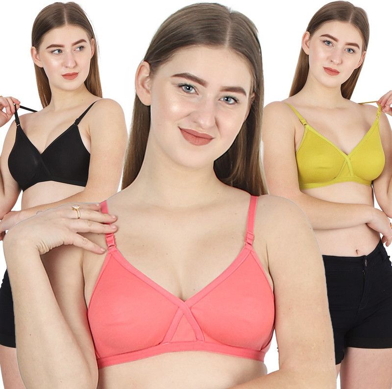 Women Full Coverage Non Padded Bra  (Green, Orange, Black)