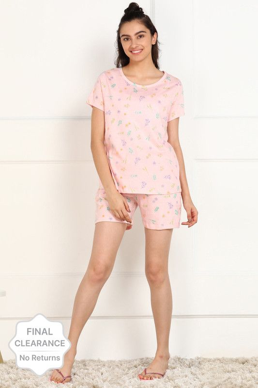 Women Top & Shorts Set Pink Floral Print