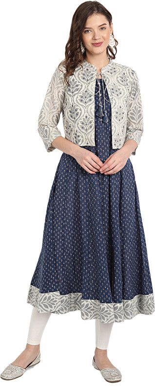 Women Printed Viscose Rayon Anarkali Kurta  (Blue, Beige)