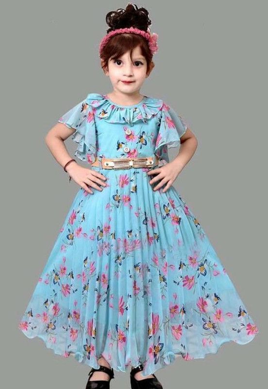 Girls Maxi/Full Length Party Dress  (Light Blue, Short Sleeve)