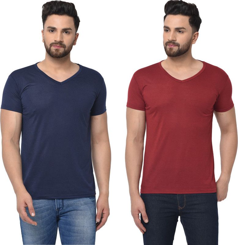 Pack of 2 V-Neck T-Shirt Combo Of 2 Men Solid V Neck Cotton Blend Dark Blue, Maroon T-Shirt