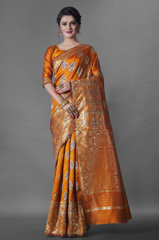 Self Design Banarasi Silk Blend, Art Silk Saree  (Orange)