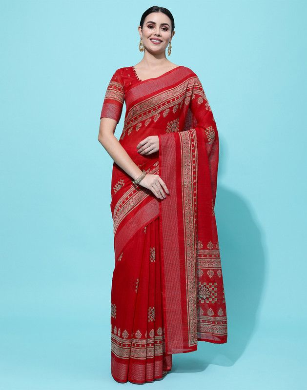 Printed, Geometric Print, Woven, Embellished Bollywood Cotton Blend, Pure Cotton Saree  (Red)