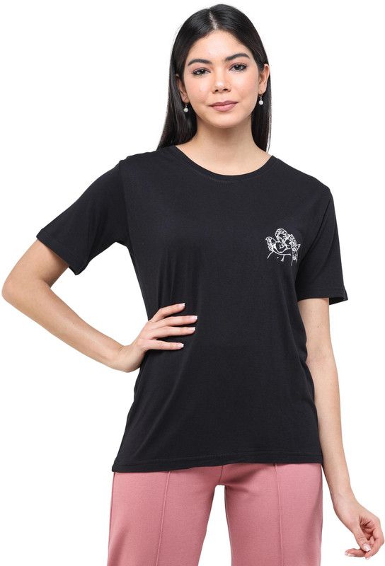 Women Embroidered Round Neck Viscose Rayon Black T-Shirt