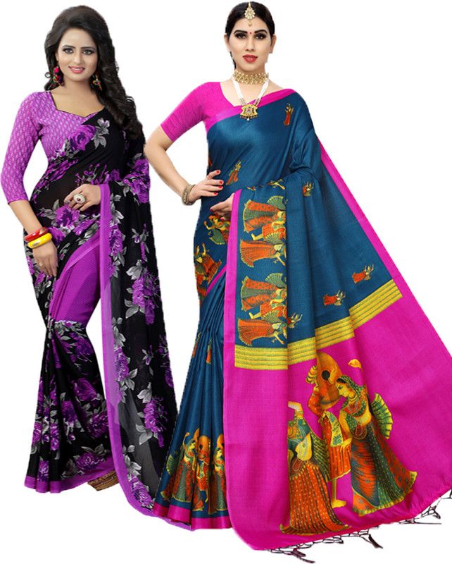 Geometric Print Daily Wear Georgette Saree  (Pack of 2, Purple, Pink)