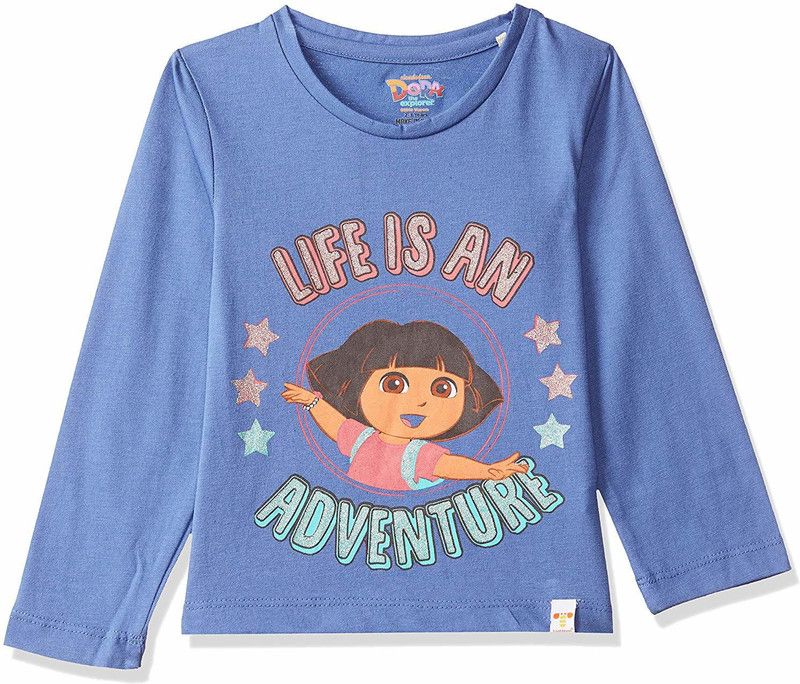 Girls Graphic Print Cotton Blend T Shirt  (Blue, Pack of 1)