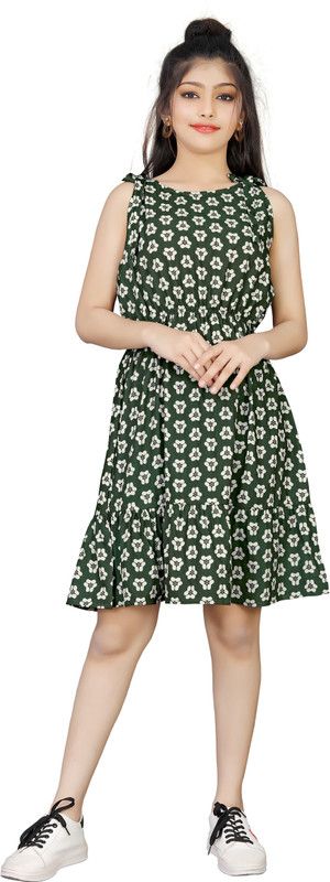 Girls Midi/Knee Length Party Dress  (Dark Green, Sleeveless)