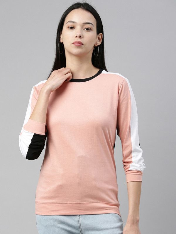 Colorblock Women Round Neck Pure Cotton White, Pink, Black T-Shirt