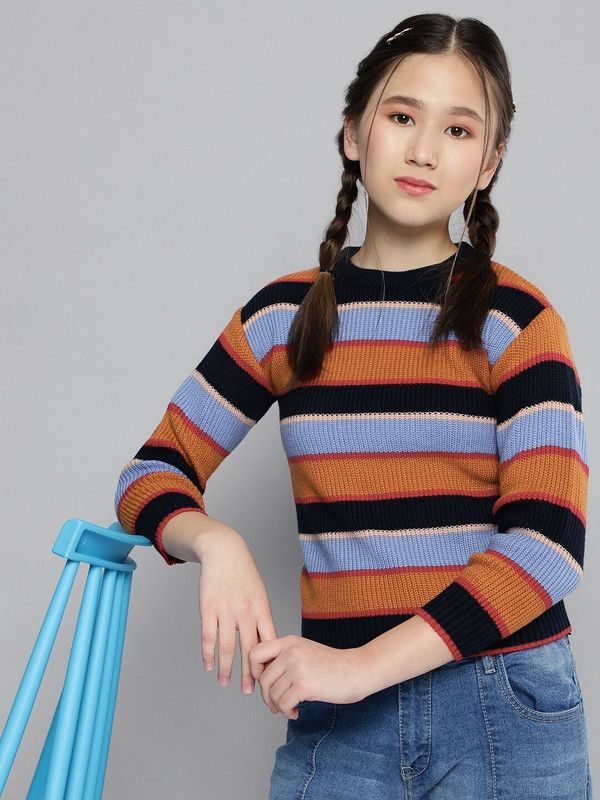 Girls Striped Round Neck Blue Sweater