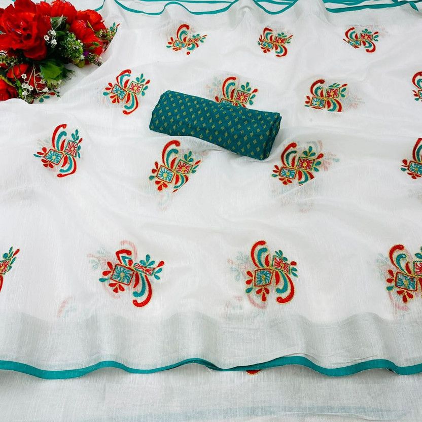 Embroidered Bollywood Cotton Linen Saree  (Light Blue)