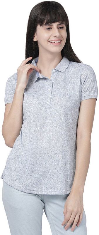 Women Self Design Polo Neck Cotton Blend Grey T-Shirt