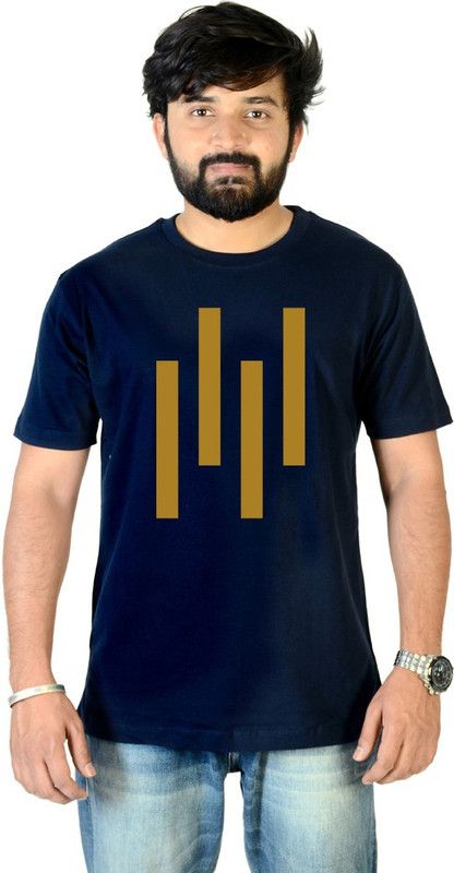 Vertical Stripes Men Printed Round Neck Pure Cotton Dark Blue T-Shirt