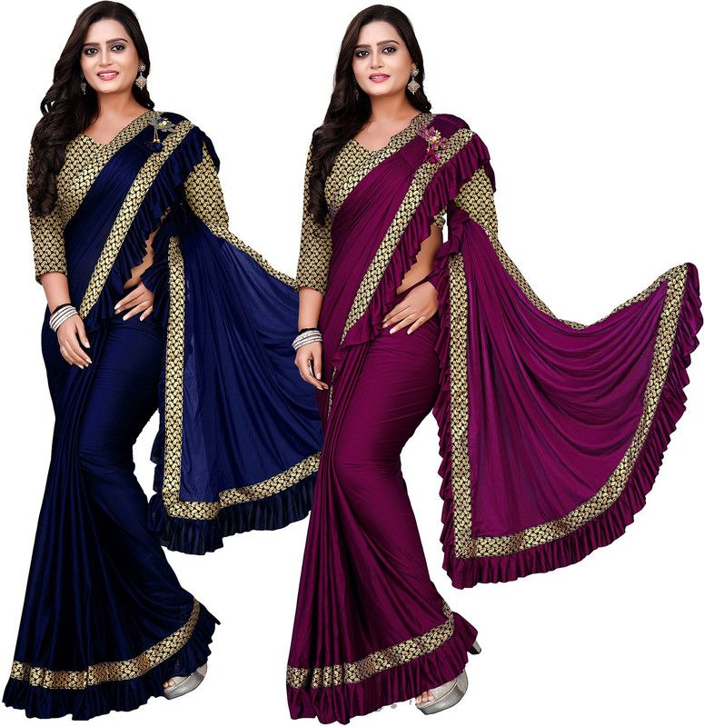 Solid/Plain Bollywood Lycra Blend Saree  (Pack of 2, Purple, Blue)