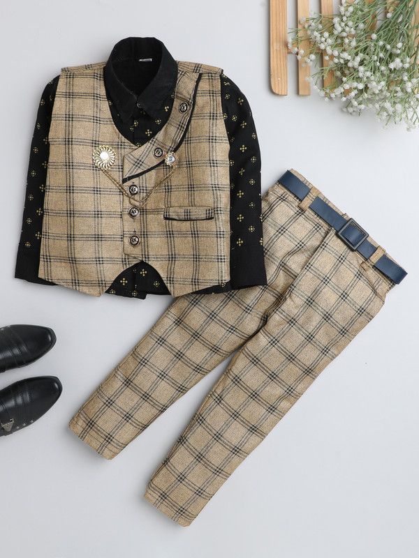 Boys Party(Festive) Shirt Trouser, Waistcoat  (Beige)