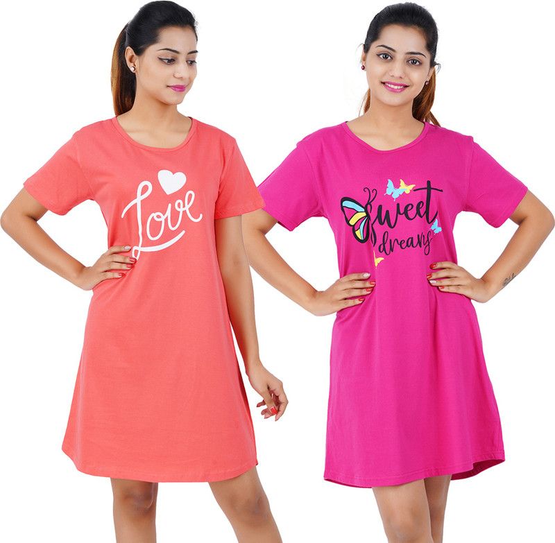 Pack of 2 Women Nightshirts  (Pink, Orange)