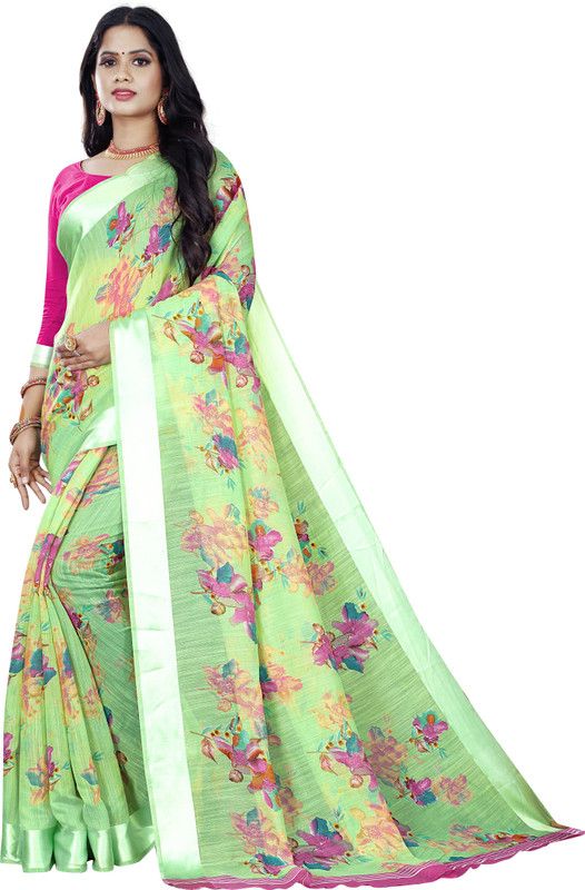 Floral Print Bollywood Cotton Linen Saree  (Green)