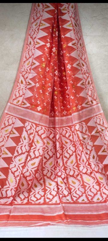 Printed Jamdani Pure Cotton Saree  (Orange)
