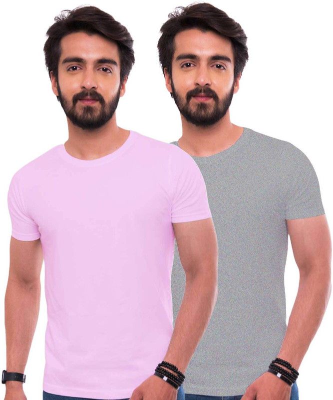 Pack of 2 Men Solid Round Neck Cotton Blend Pink, Grey T-Shirt
