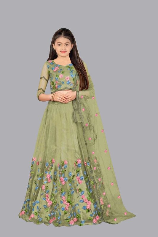 Girls Lehenga Choli Party Wear Embroidered Lehenga, Choli and Dupatta Set  (Light Green, Pack of 1)