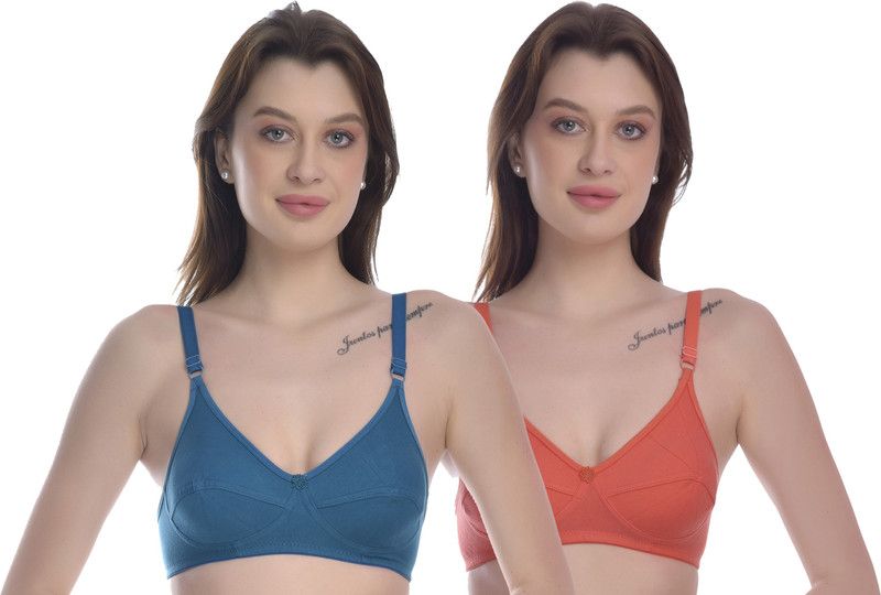Pack of 2 Women T-Shirt Non Padded Bra  (Green, Orange)