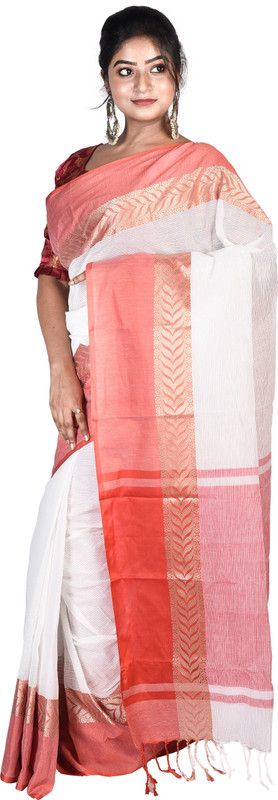 Woven Handloom Silk Blend Saree  (Red, White)