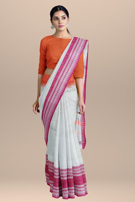 Woven Tant Handloom Cotton Blend Saree  (White)