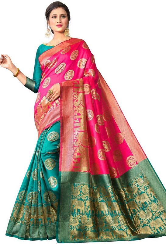 Banarasi Pure Silk Saree  (Pink, Green)